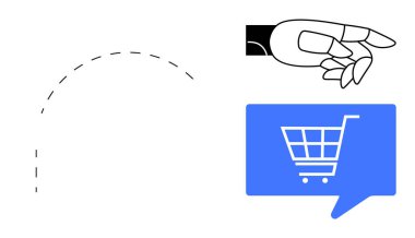 Robotik el, bir alışveriş arabası ikonu içeren mavi bir konuşma baloncuğuna uzanıyor, eline doğru uzanan kesik bir çizgi var. E-ticaret, otomasyon, yapay zeka, robotik, online alışveriş için ideal.