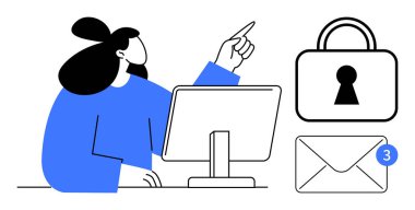 Masadaki kadın bilgisayar ekranını işaret ediyor, üç tebligatlı güvenli zarf, asma kilit. Siber güvenlik, dijital iletişim, mahremiyet, e-posta güvenliği, çevrimiçi güvenlik, veri için ideal