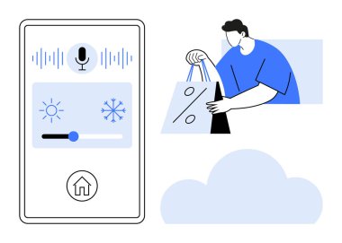 Ses kontrolü ve sıcaklık ayarlama simgeleriyle akıllı telefon arayüzü alışveriş torbaları tutan kişinin yanında. Teknoloji için ideal, akıllı ev, e-ticaret, perakende, kullanıcı etkileşimi, tüketici