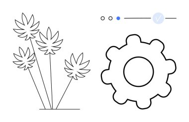 Stylize ekipman ve soyut bitkiler, işaretli minimalist arayüz elementleri. Teknoloji, doğa, çevre dostu, yazılım, denge, minimalizm kavramları için idealdir. Satır metaforu