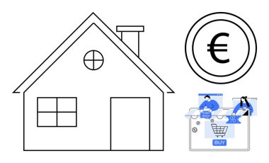 House outline, Euro currency symbol, users interacting with online shopping interface. Ideal for real estate, investment, online shopping, e-commerce, home buying financial transactions. Line clipart