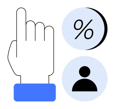 El hareketi, yumuşak mavi arka planda iki daire simgesi yüzde işareti ve kullanıcı silueti gösteriyor. Web gezinti, kullanıcı arayüzleri, veri analizi, finans, müşteri hizmetleri, kullanıcı