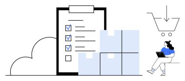 Mavi işaretli kontrol listesi, üç istiflenmiş kutu, bir bulut ve alışveriş arabası ikonunun yanında dizüstü bilgisayarı olan biri. E-ticaret, lojistik, envanter, görev yönetimi, dijital için ideal