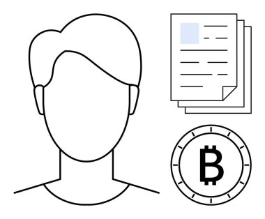 Belgeler ve Bitcoin sembolünün yanındaki isimsiz kişinin taslağı. Kripto para birimi, anonimlik, teknoloji, dijital finans, engelleme zinciri, kimlik koruması, finansal belgeler için ideal. Satır metaforu