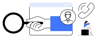 Kullanıcı profili simgesi, telefon arama simgesi, cihaz kullanan kişi içeren büyüteç penceresi. Çevrimiçi varlık, araştırma, iletişim, müşteri hizmetleri, mobil kullanım, kullanıcı için ideal