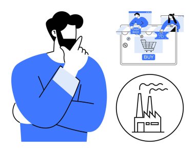 Thoughtful man with hand on chin, online shopping screen with cashback and discount offers, industrial factory icon. Ideal for decision-making, e-commerce, industry analysis, strategic planning clipart