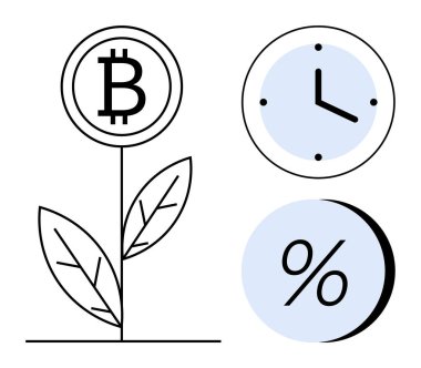 Bitcoin sembolü, saat ve yüzdenin simgeleriyle birlikte büyüyen bir bitki. Finans, kripto para birimi, yatırım, zaman yönetimi, mali büyüme, yatırıma dönüş, ekonomi için ideal