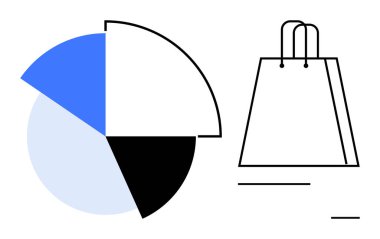 Dört kısımlı turta grafiği mavi, beyaz, açık mavi ve siyah bir alışveriş çantasının yanında. İş analizleri, piyasa araştırmaları, perakende stratejisi, tüketici davranışı, alışveriş eğilimleri verileri için ideal