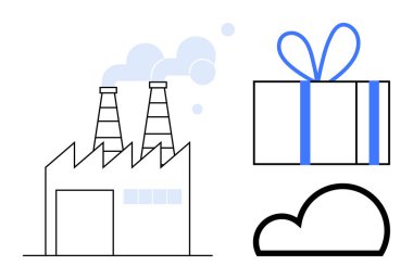 Factory with smokestacks emitting smoke, gift box with ribbon, and abstract cloud shape. Ideal for manufacturing, industry, technology, cloud computing, logistics, environmental impact automated clipart