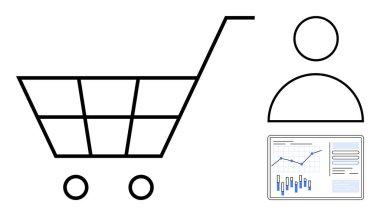Alışveriş arabası, kullanıcı simgesi ve grafikli veri tablosu. E-ticaret, çevrimiçi alışveriş, pazar analizi, tüketici davranışı, perakende stratejisi, iş analizi ve finansal performans için ideal. Çizgi