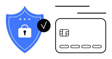 Güvenlik ve doğrulamayı temsil eden, kilit simgesi ve işaretli mavi bir kalkanla birlikte kredi kartı. Çevrimiçi ödemeler, siber güvenlik, veri koruması, güvenli işlemler ve mali işlemler için ideal