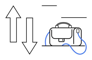 Yukarı ve aşağı okları olan bir iş çantası. İş, finans, iş dinamiği, kariyer büyümesi, verimlilik, karar verme, stratejik planlama için idealdir. Satır metaforu