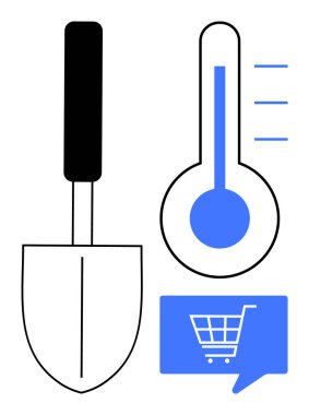 Bir termometrenin yanında bahçıvan malası ve konuşma balonunda mavi bir alışveriş arabası simgesi. Bahçe işleri, hava durumu, e-ticaret, ev geliştirme, perakende, tarım için ideal