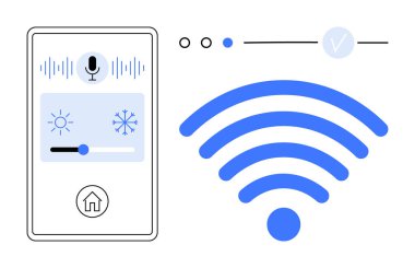 Akıllı telefon sesli komut, sıcaklık ayarlama, kablosuz sinyal ve bağlantı durumu noktalarıyla akıllı ev kontrol panelini gösteriyor. Akıllı aygıtlar, otomasyon, ev teknolojisi ve ses için ideal