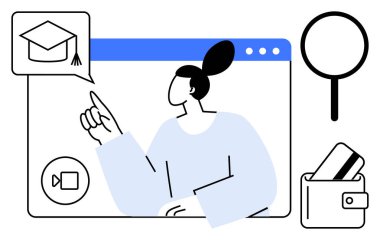 Web penceresindeki mezuniyet şapkasını gösteren bir kadın, video çağrı ikonu, büyüteç, kartlı cüzdan. E-öğrenim, çevrimiçi kurslar, finansal planlama, sanal toplantılar, uzaktan eğitim için ideal