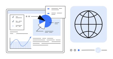 Çubuk grafikler, pasta grafikleri, kontrol listeleri ve bir dünya ikonu gibi veri analiz elemanlarını gösteren dijital gösterge paneli. İş analizleri, dijital pazarlama, web analizleri, küresel veriler için ideal