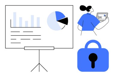 Grafik ve pasta grafiği istatistikleri olan bir tahta, bilgi girmek için tablet kullanan bir birey ve güvenlik kilidi simgesi. Veri analizi, iş sunumları, siber güvenlik ve bilgi için ideal