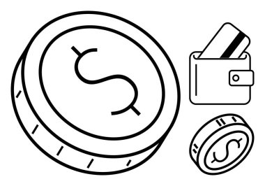 Dolar işaretli büyük para, daha küçük bozuk para ve içinde kredi kartı olan cüzdan. Finansal kavramlar, bankacılık, tasarruf, ödemeler, para birimi dijital işlemleri ve e-ticaret için ideal. Satır metaforu