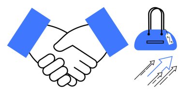 Anlaşmayı temsil eden tokalaşma, ticareti simgeleyen fiyat etiketli el sıkışma ve büyümeyi gösteren yükselen oklar. İş ortaklıkları, ticaret, pazarlama, satış, ticaret, finans için ideal