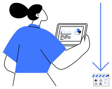 Tablet taşıyan iş kadını, tabletleri gösteriyor, aşağıya bakan ok mağazayı işaret ediyor. İş analitiği, büyüme, küçük işletme, girişimcilik, pazarlama, teknoloji stratejisi için idealdir. Çizgi