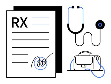 Reçete belgesi imzalandı, steteskop ve doktor çantası tıbbi muayenehaneyi simgeliyor. Sağlık hizmetleri, sağlık hizmetleri, klinikler, eczaneler, doktor randevuları, sağlık sigortası, kamu hizmetleri için ideal