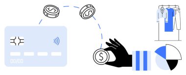 Kredi kartına para atmak, elektronik işlemleri sembolize ediyor. Elbise askısı ve pasta grafiği perakende ve finansal analizi gösteriyor. Finans, alışveriş, dijital ödemeler ve perakende için ideal