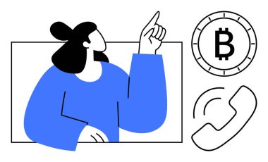 Mavili iş kadını Bitcoin sembolü, saat ve bir telefon ikonu ile yukarı bakıyor. Finans, kripto para birimi, iletişim, teknoloji, dijital işlemler, müşteri hizmetleri ve yatırım için ideal