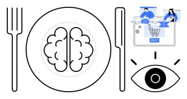 Çatal, bıçak, göz ve online alışveriş grafikleri olan bir tabakta beyin. Psikoloji, pazarlama, tüketici davranışı, dijital ticaret, nörobilim karar verme eğitimi için idealdir. Satır metaforu