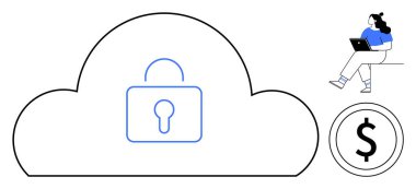Kilit sembollü bulut güvenliği, dizüstü bilgisayarda çalışan bir kişi ve bir dolar işareti ikonu. Siber güvenlik, veri koruması, çevrimiçi finans, bilgisayar, teknoloji, bulut depolama için ideal