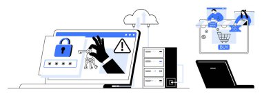 Cybersecurity theme with laptop, lock icon, key, and server, plus online shopping with cart, laptop, cloud. Ideal for technology, security e-commerce data protection passwords online clipart