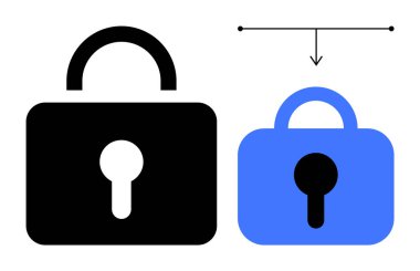 İki asma kilit ikonu, biri siyah diğeri mavi, güvenliği ve mahremiyeti simgeliyor. Siber güvenlik, veri koruması, çevrimiçi güvenlik, dijital mahremiyet, şifreleme konuları için ideal. Basit vektör biçimi