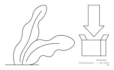 Leaf design next to a box with a downward arrow indicating insertion or download. Ideal for packaging, downloading, software installation, eco-friendly products, content delivery, data transfer clipart