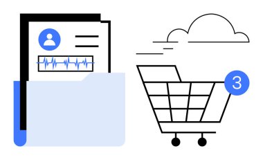 Kullanıcı profili ve kalp atışı grafiği olan bir klasörde depolanmış dijital sağlık kayıtları. Bulutlu bir alışveriş arabası simgesi ve 3 numaralı uyarı. Sağlık, e-ticaret, dijital pazarlama için ideal
