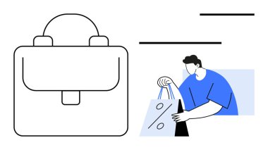 Üzerinde yüzde işareti olan alışveriş torbaları taşıyan bir adam ayrıntılı bir evrak çantası ikonunun yanında. Perakende, alışveriş, satış, promosyon, iş, pazarlama ve ticaret kavramları için ideal. Satır metaforu