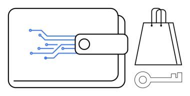 Devre desenli dijital cüzdan, alışveriş çantası ve güvenli ve kusursuz e-ticareti vurgulayan anahtar. Çevrimiçi alışveriş, fintech, siber güvenlik, dijital ödemeler, perakende, kişisel finans için ideal