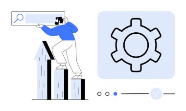 Adamın grafik çubuğuna tırmanması arama çubuğunu optimizasyonu temsil eden büyük vites simgesinin yanında tutuyor. Ticari büyüme için ideal, SEO, analitik, ilerleme izleme, veri yönetimi, dijital strateji, teknik