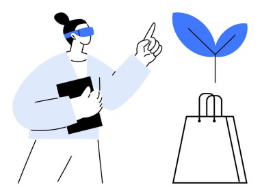 VR kulaklıklı kadın dijital bir yaprak filizini işaret ediyor, elinde tablet, yakınlarda alışveriş torbası var. Teknoloji, e-ticaret, sürdürülebilirlik, eğitim, yenilik, sanal gerçeklik için ideal