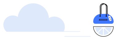 Bulut şekli ve etiketli mavi çanta depo güvenliğini ve erişimi temsil ediyor. Teknoloji, dijital depolama, bulut bilgisayarı, veri güvenliği, çevrimiçi alışveriş, bilişim hizmetleri, modern işletmeler için ideal