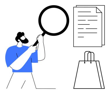 Yanında alışveriş torbası olan, belgeleri incelemek için elinde büyüteç tutan bir adam. Araştırma, analiz, iş incelemesi, alışveriş, teftiş, soruşturma ve çalışma süreçleri için ideal. Satır metaforu