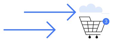Üç ok, 3 rozetli ve bulutlu bir alışveriş arabasını işaret ediyor. Çevrimiçi alışveriş, ekommerce, bulut entegrasyonu, dijital işlemler, veri transferi, bağlantı, İnternet hizmetleri için ideal
