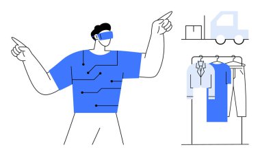 Sanal elementleri gösteren sanal gözlük kullanan bir adam. Askılarda, kamyonda ve pakette asılı giysiler. E-ticaret, VR, teknoloji, moda perakendecisi, sanal alışveriş için ideal