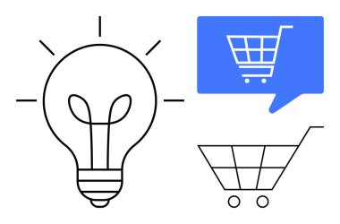 Işın ışınlı ampul bir fikir, alışveriş arabalı mavi konuşma balonu ve tekerlekli boş alışveriş arabası. E-ticaret, çevrimiçi alışveriş, yenilik, yaratıcılık, perakende, ticaret için ideal