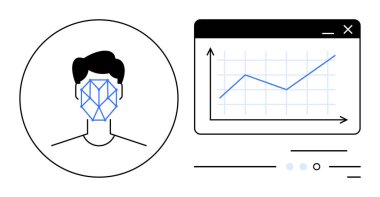 Yukarı doğru eğilimli ve ızgaralı bir web penceresinin yanında geometrik desenli insan yüzü. Yapay zeka, makine öğrenimi, veri analizi, yüz tanıma, siber güvenlik, biyometri için ideal