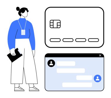 Kredi kartı ve sohbet arayüzü penceresinin yanında pano tutan kadın. Finans, iş iletişimi, müşteri hizmetleri, çevrimiçi bankacılık, kimlik doğrulama, dijital güvenlik için ideal