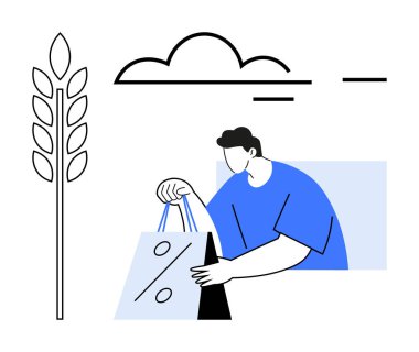 İndirimli alışveriş torbası tutan bir erkek figürü, ana hatlı buğday sapı ve stilize bir bulut. Perakende, tarım, çevre dostu alışveriş, doğa koruma, mevsimlik satışlar, açık hava pazarları için ideal