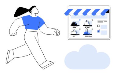 Kadın, bir bulut simgesinin yanında el çantaları ve aksesuarlar sergileyerek sanal bir mağazanın önünden geçiyor. Çevrimiçi alışveriş, e-ticaret, dijital perakende satış, bulut teknolojisi, tüketici davranışı, modern