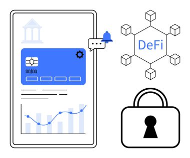 Finansal kartı olan mobil cihaz ekranı, bildirim çanı, DeFi simgesi, şema ve güvenlik kilidi. Fintech, dijital bankacılık, kripto para birimi, engelleme finansal güvenlik DeFi yatırımı için ideal