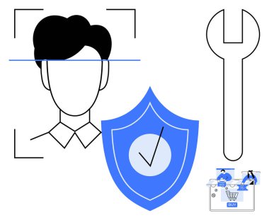 Yüz tanıma sistemi dahil soyut tasvirler, işaretli mavi kalkan, anahtar, online alışveriş arabası. Güvenlik sistemleri için ideal, yapay zeka gelişmeleri, teknik destek, e-ticaret, gizlilik dijital