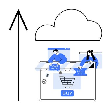 Tabletteki alışveriş arabası, nakit parası ve indirim kuponları olan insanlar, yükselen ok. Çevrimiçi alışveriş için ideal, dijital ödemeler, e-ticaret, nakit ödeme programları, bulut depolama