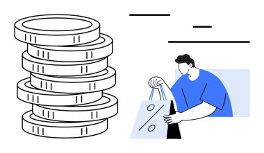 Yanında yüzde işareti olan bir alışveriş poşeti tutan kişinin yanında yığınla bozuk para var. Bu da indirimleri ve tasarrufları gösteriyor. Finans, alışveriş, e-ticaret, pazarlama, perakende satış ve bütçe için ideal. Çizgi